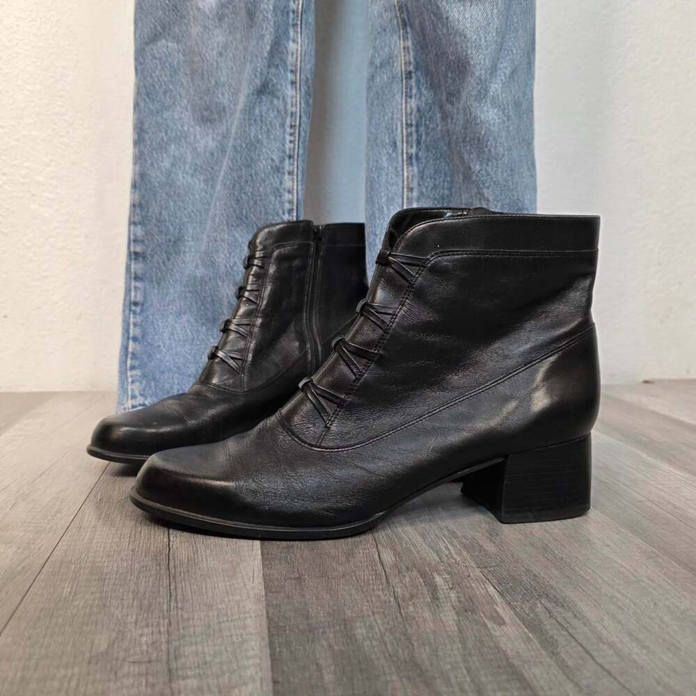 Vintage 90s Black Leather Ankle Boots Block Heel Women’s 10 Dark Academia Goth